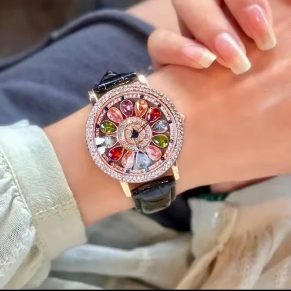 Luxury Rotating Petal Flower Dial Diamond Crystal Watch - Picture 8 of 14
